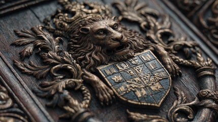 Ornate lion crest with intricate details and historical symbolic elements