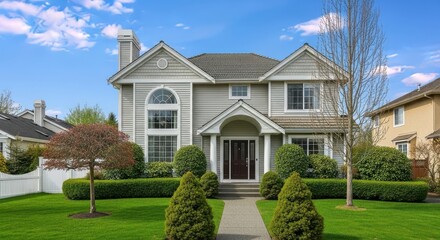 A beautiful suburban home with a manicured lawn, lush greenery, and a clear blue sky with fluffy clouds
