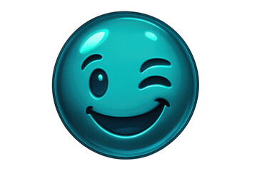 Fototapeta premium Turquoise winking emoji with a playful expression, conveying happiness and lightheartedness on a transparent background