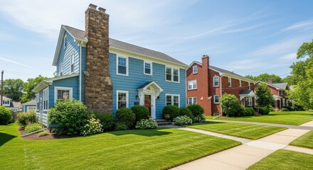 A charming blue house with a prominent stone chimney stands proudly in a suburban neighborhood on a sunny day, with manicured lawns and trees lining the street