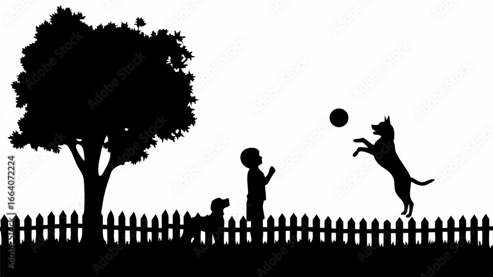Poster silhouette of a child and dogs playing with a ball in a yard with a tree and a fence in the backgrou