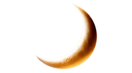 A golden crescent moon glows against a stark black background in the night sky  isolated on white  or transparent background.
