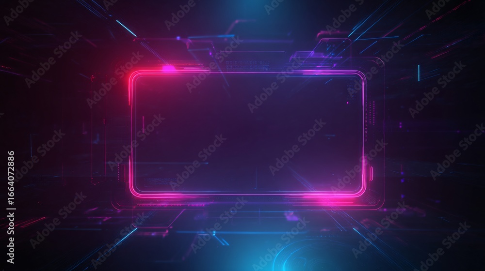 Poster a vibrant, futuristic display featuring a glowing rectangle within a complex network of digital path