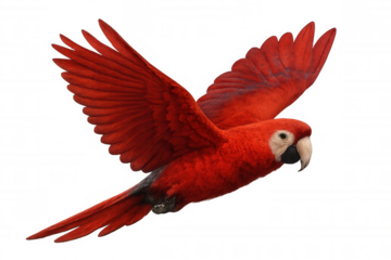 Scarlet macaw spreading vivid red-blue-yellow feathers, flying freely with extended wings against transparent backdrop