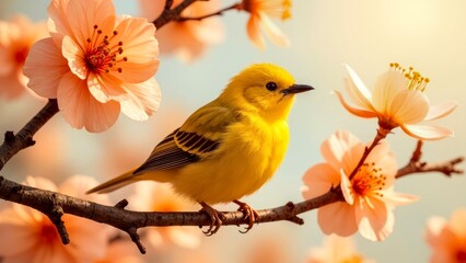The yellow bird on the orange blossom branch