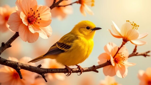 The yellow bird on the orange blossom branch