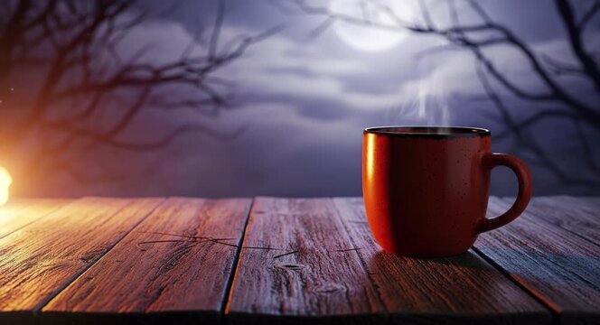 Coffee cup on a table with spooky night landscape and Halloween atmosphere concept
Seamless looping, virtual video animation background. Generated AI	