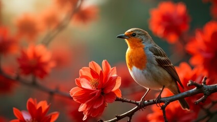 The heartwarming scene of red flowers and colorful birds