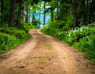 Fototapeta premium Winding dirt road through a lush forest