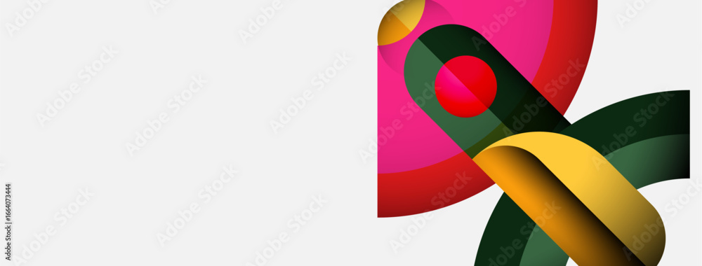 Poster abstract shapes overlap, creating vibrant color blends. red circle accents design, simple background