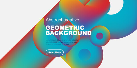 Vibrant abstract shapes overlap, creating dynamic geometric background. Text block present with read more button. Colors blend smoothly.
