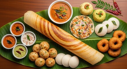 A vibrant spread of south indian cuisine featuring dosa, idli, vada, and various chutneys served on a fresh banana leaf