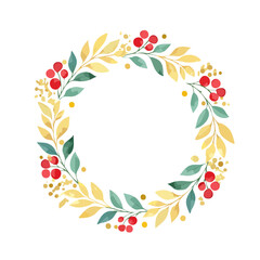 Obraz premium Watercolor circular floral frame with red berries and golden foliage