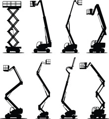 Aerial lift boom and scissor lifts silhouette, construction platform, hydraulic equipment, industrial machinery, vector icons, isolated black illustration © Titan