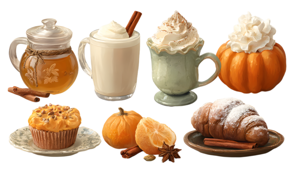 Collection of seasonal pumpkin spices, food, and drink. Set of autumn delicious sweet desserts or pastries. Isolated on white background. Modern colorful vector illustration. - Powered by Adobe