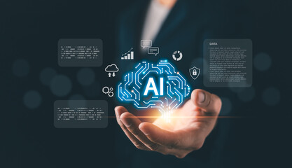 Businessman holding glowing AI brain icon with digital data and technology symbols, representing artificial intelligence, innovation, big data, machine learning, and future business solutions