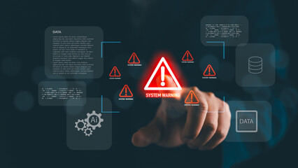 Hand pointing at glowing system warning alert with data and AI icons in digital interface,...