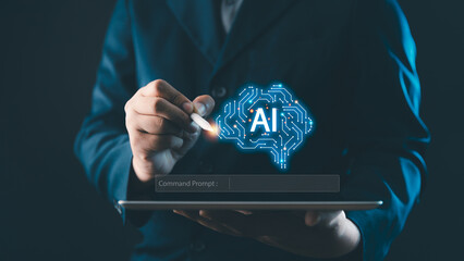 Businessman using digital pen on tablet with glowing AI brain icon, symbolizing artificial intelligence, innovation, big data, and future technology solutions. AI technology concept