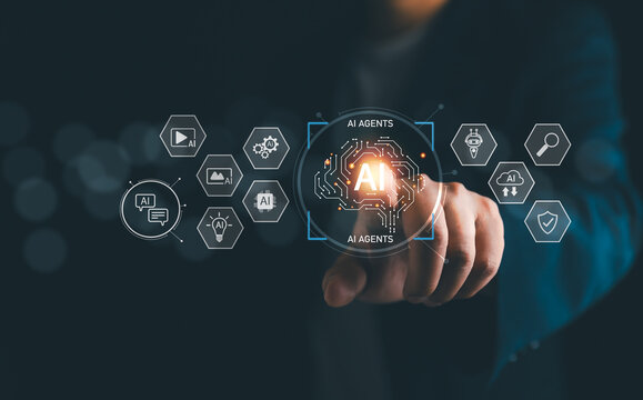 Businessman pointing at glowing AI agents icon with futuristic digital interface, representing artificial intelligence, automation, data analysis, machine learning, and innovative business solutions