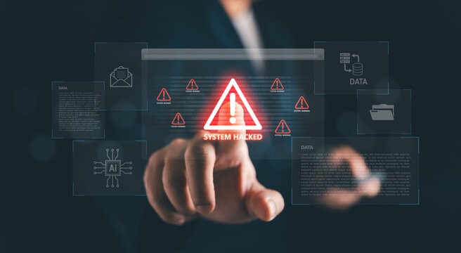Finger pointing at glowing red system hacked warning on futuristic digital interface with AI and data icons, representing cybersecurity breach, hacking attack, malware threat, and data protection
