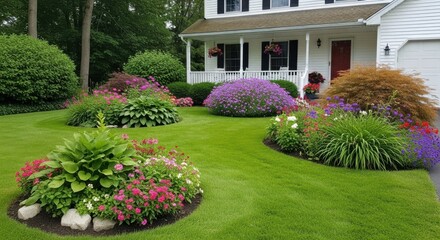 Obraz premium A beautiful suburban home showcases a meticulously landscaped garden bursting with colorful flowers and lush green shrubs, creating inviting curb appeal