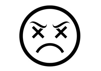 Obraz premium Vector art of a black and white illustration of a sad, angry emoji face with crossedout eyes, isolated on a