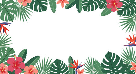 Vibrant vector illustration featuring a tropical floral frame with hibiscus blooms and lush green leaves, perfect for summer-themed designs and backgrounds.