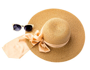 Untitled design - Elegant Straw Sun Hat with Silk Ribbon and Pearl Sunglasses PNG