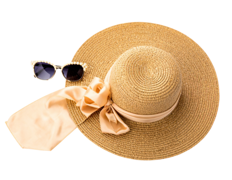 Untitled design - Elegant Straw Sun Hat with Silk Ribbon and Pearl Sunglasses PNG