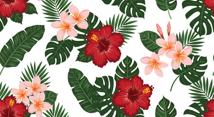 A vibrant seamless tropical pattern showcasing lush red hibiscus and delicate pink plumeria flowers with green palm leaves on a white background.