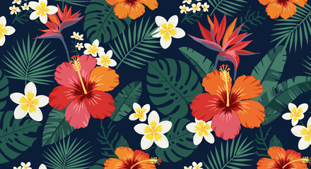 Vibrant tropical floral pattern featuring colorful hibiscus, plumeria, and bird of paradise flowers on a dark blue background.