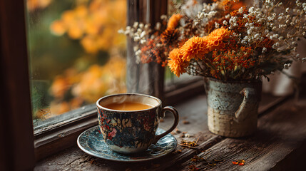 Cup of hot autumn coffee or tea on the window. Living in Hygge style. Hot drink in cold autumn fall weather halloween