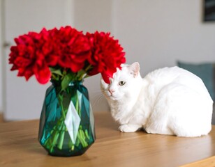 White cat and red flowers on a table
