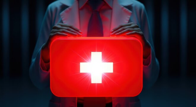 A medical professional holds a glowing red first aid kit with a bright white cross symbol, symbolizing emergency healthcare and lifesaving assistance