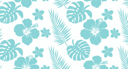 A vibrant vector illustration showcases a seamless pattern of hibiscus flowers and tropical leaves, offering a refreshing island vibe perfect for summer designs.