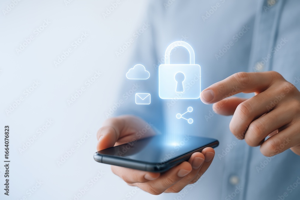 Aufkleber cybersecurity in your grasp: a person uses a smartphone to showcase the padlock of data safety, symb