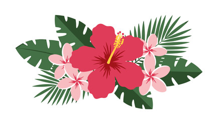 Vibrant tropical floral arrangement featuring a large red hibiscus and delicate pink plumeria blossoms with lush green palm leaves.