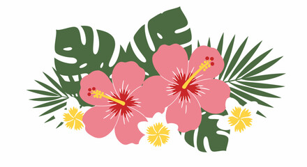 Obraz premium Vibrant pink hibiscus flowers and tropical green leaves create a beautiful decorative floral arrangement perfect for summer designs.