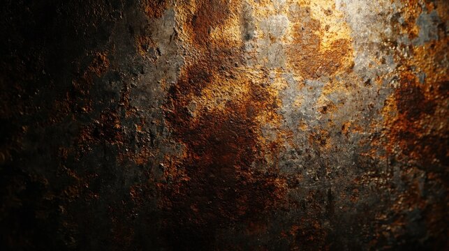 A rusted metal surface with patches of rust and a dark, shadowy background.