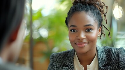 A young woman with braided hair and a stylish updo, wearing a gray blazer and a white blouse, smiling warmly in a modern office setting.