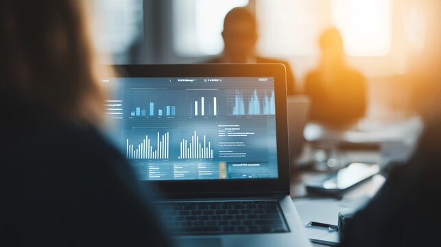 Business team collaborating in modern office, analyzing marketing automation dashboard with data charts, workflow diagrams, and AI driven insights on holographic screens.