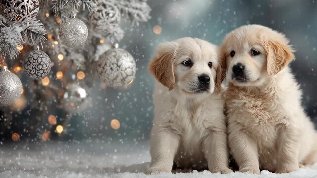 golden retriever puppies sit together on snow, surrounded by a festive atmosphere with a decorated tree and falling snowflakes