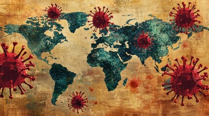Naklejka premium A world map with red and green virus-like particles scattered across it, set against a textured, aged background.