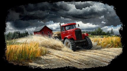 Fototapeta premium Red Tractor in Wheat Field Under Dramatic Stormy Sky