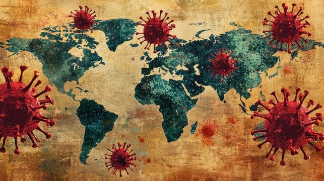 A world map with red and green virus-like particles scattered across it, set against a textured, aged background.
