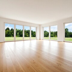 Obraz premium Spacious empty room with light wood floors and large windows offering a scenic view of green landscape