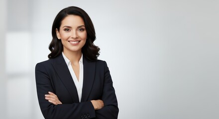 Confident brunette woman in a dark suit poses with arms crossed against a light background, concept for corporate headshot, professional branding and business presentation