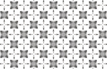 Monochrome geometric pattern design features repeating square and cross shapes on a white background, creating a visually appealing, symmetrical, and abstract texture