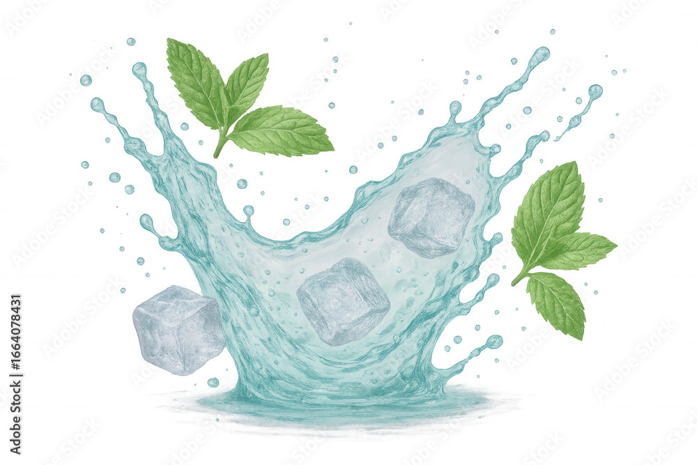 Poster mint-infused ice cubes splashing, creating crisp droplets against cool liquid background for refresh