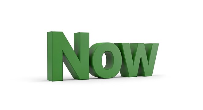Bold green 3D letters forming the word Now, isolated on a plain white background with a soft shadow.